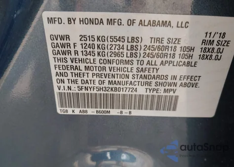 2019 Honda Pilot Ex from USA, damaged, VIN 5FNYF5H32KB017724
